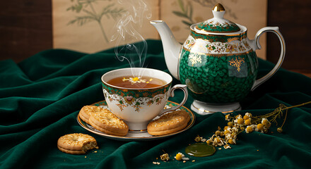 Fototapeta premium Elegant porcelain teapot and teacup with steam rising Freshly baked cookies and chamomile flowers create a cozy tea setting
