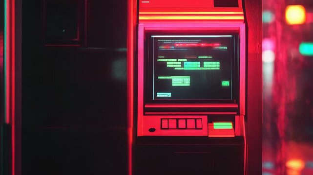 Retro atm machine displaying code in cyberpunk city at night