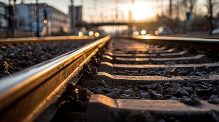 Obraz premium Railroad tracks at sunset, close-up view. City skyline in the background