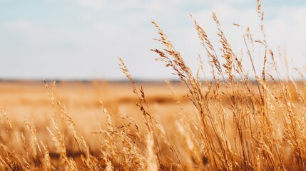 Obraz premium Golden Wheat Field Blowing in the Wind Under a Clear Sky, Agriculture and Harvest Concept