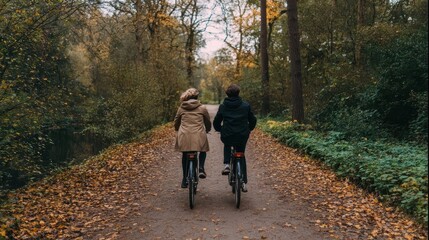 Fototapeta premium Two people cycling along a path in an autumnal forest.