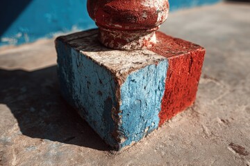 Close-up of a weathered, painted stone block supporting a weathered pillar