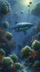 Fototapeta premium Great White Shark Underwater Marine Wildlife Ocean Exploration Coral Reefs Biodiversity Sea Habitat Fins Movement Dive Nature Silhouette Predator Tranquil 