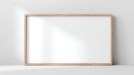 Obraz premium Horizontal Wooden Frame Mockup with White Background for Artwork Display, Modern Minimalist Style, Ideal for Posters or Photos