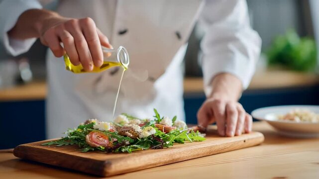 Vibrant salad preparation with olive oil, featuring fresh greens, tomatoes, and nuts, showcases culinary creativity and healthy cooking on wooden board