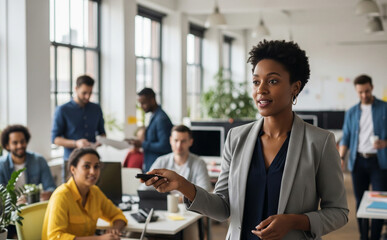 African American Female Ceo Presenting With Clicker In Tech Startup Setting