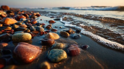 Colorful pebbles on a beach at sunrise. Ocean waves lap at the shore