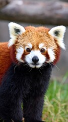 Close-up portrait of a red panda, facing forward, set against a blurred background of grass and wood
