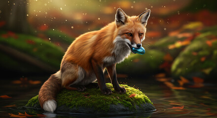 Vivid autumn scene with a majestic fox sitting on mossy rock