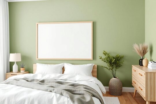 Serene bedroom with green walls and natural wood accents