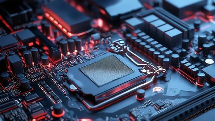 Cpu socket on motherboard receiving red light effect, close up view - Powered by Adobe