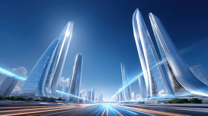 Futuristic cityscape with tall,modern buildings and a highway,evoking a sense of technological advancement and progress.