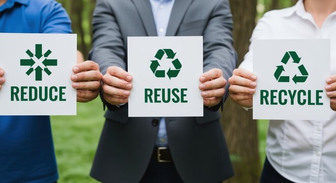 Reduce Reuse Recycle Concept: Three People Holding Signs Promoting Environmental Sustainability and Awareness in a Green Setting
