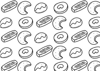 Seamless doodle pattern with vintage food icons such as Eid cookies, nastar, kastangle, chocolate cookies