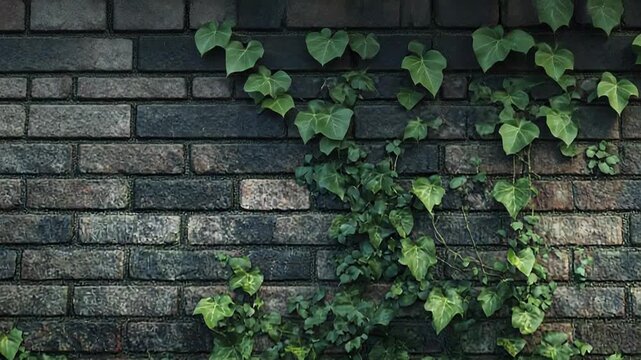 Green ivy climbing old brick wall background