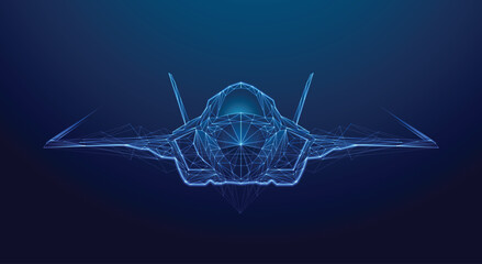 Futuristic low poly wireframe fighter jet in holographic style, glowing with blue neon lines on dark background. Sci-fi aviation and military technology concept. vector eps10