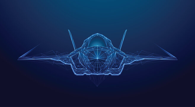 Futuristic low poly wireframe fighter jet in holographic style, glowing with blue neon lines on dark background. Sci-fi aviation and military technology concept. vector eps10