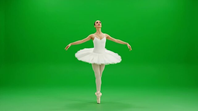 Ballerina Graceful Pirouette on Green Screen - A ballerina in a white tutu performs a graceful pirouette against a bright green screen background.