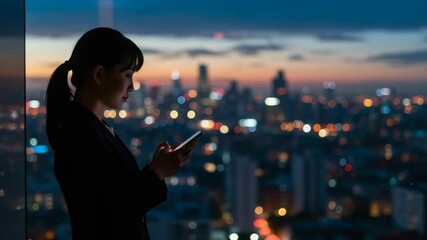 Silhouette of a businesswoman using her smartphone in front of a blurred city skyline at dusk, symbolizing modern communication and urban connectivity - Powered by Adobe