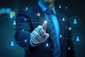 A hand interacts with a digital network of connected user profiles.