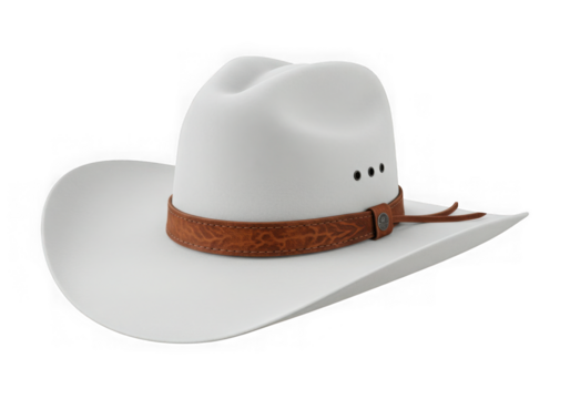 White cowboy hat with brown leather band isolated on transparent background