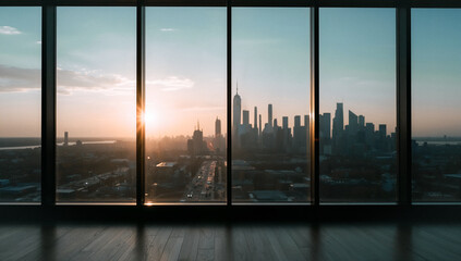 Fototapeta premium Cityscape from Above: A captivating panoramic view of a bustling cityscape, framed by modern architecture and bathed in the warm light of sunrise or sunset.