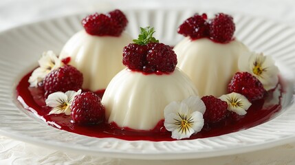 Elegant dessert white molded custards topped with raspberries and flowers on a white plate