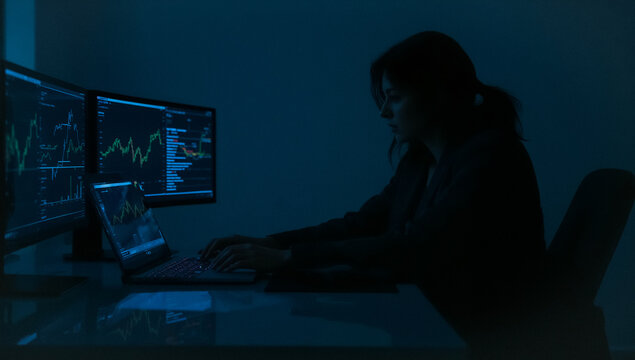 Cyber Insights: Silhouette of a determined analyst engrossed in data analysis, illuminated by the cool glow of computer screens, with focus on digital interface. 