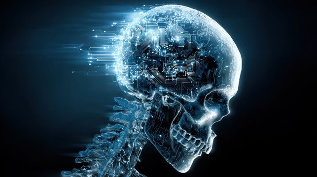Futuristic Human Skull with Digital Patterns Emphasizing Technology and Artificial Intelligence Concept