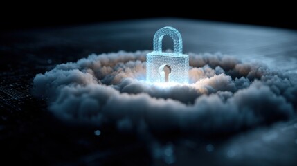 Digital Lock Icon Emerging from Neon Clouds with Futuristic Lighting in a Dark Environment