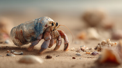 A hermit crab using a discarded plastic bottle as its shell, walking on a sandy beach scattered with debris, photorealistic