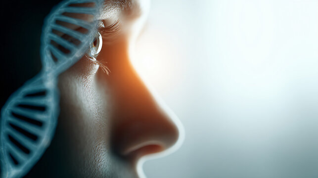 Eye Profile Human Genetics DNA Science Biology Technology Future Innovation Vision Health Medical Closeup Identity Anatomy Silhouette Research Data  - Powered by Adobe