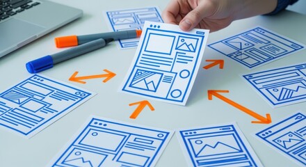 Website Design Process: Hand Holding Paper Wireframe Cards with Arrows on a White Table