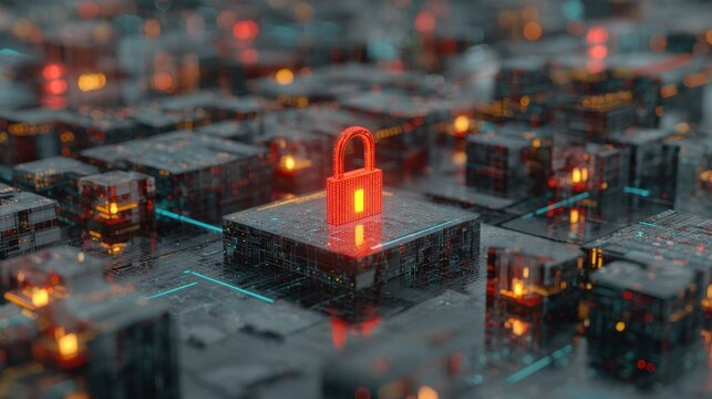 Red padlock symbolizing cyber security on a futuristic digital circuit board with glowing patterns and data protection concepts