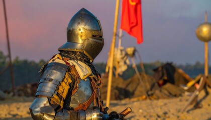 Fototapeta premium Medieval knight in full armor, facing away, at a campsite