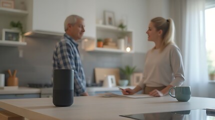 Obraz premium A young woman assists her senior father with a smart speaker, explaining voice assistant technology in their modern kitchen.