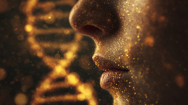 DNA Genetics Biology Skin Lips Portrait Sparkle Close-Up Human Science Golden Glimmer Expression Profile Beauty Molecular Research Health Evolution 