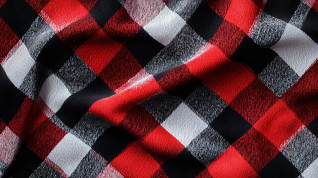 Red, black and white lumberjack plaid fabric forming soft folds