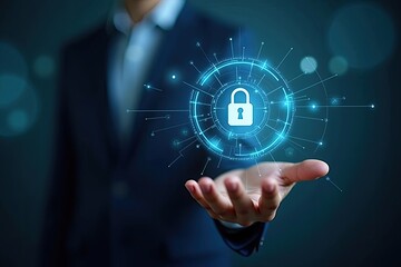 Hand holding a digital lock icon.