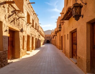 Winding alleyway within an aged arabic settlement under bright sunlight