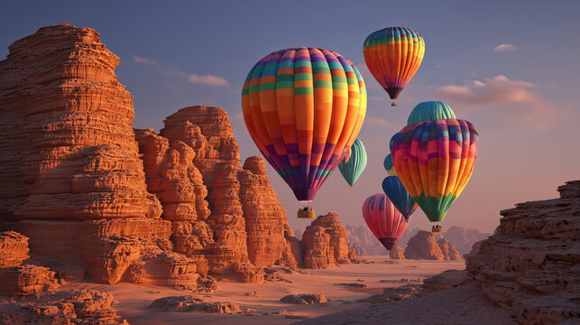 AlUla Balloon Festival, colorful hot air balloons floating over AlUla rock formations