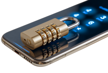 Gold combination padlock on a smartphone screen displaying a keypad, isolated on transparent background