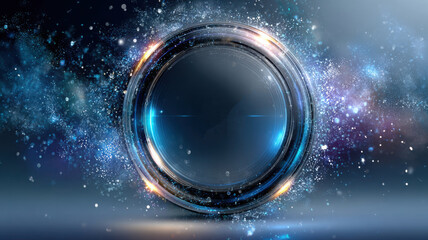 Futuristic countdown interface with glowing ring and snow particles over gentle winter gradient