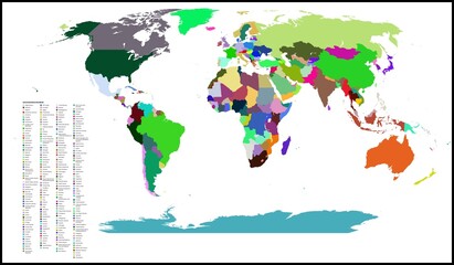 World map with countries in distinct colors and a legend listing all nations. © Umm Hamzah