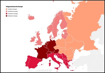 UN geoscheme map of Europe, divided into Eastern, Northern, Southern, and Western regions. © Umm Hamzah