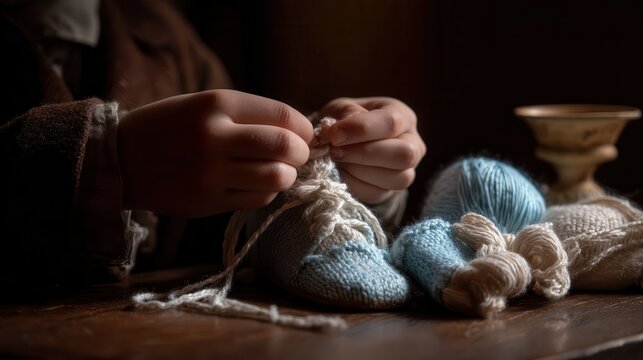 Hands meticulously tying the laces of knitted baby shoes.