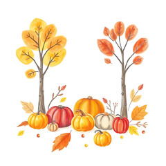 A Whimsical Autumn Harvest Scene Featuring Colorful Pumpkins and Vibrant Fall Foliage Decorations