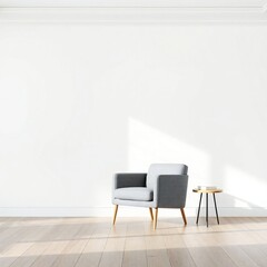 Fototapeta premium Modern grey armchair and side table in a sunlit room