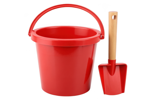 Red bucket and shovel for beach play isolated on transparent background