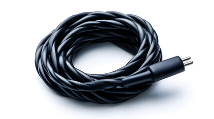 Black braided cable coiled neatly showing a two pin connector